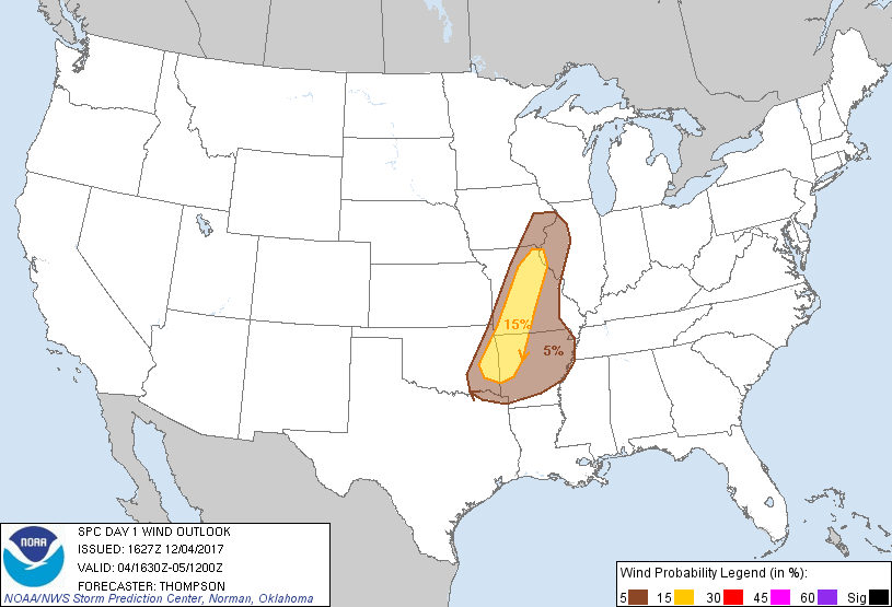 20171204 1630 UTC Day 1 Damaging Wind Probabilities Graphic