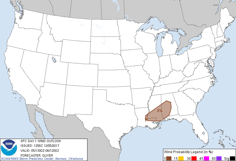 20171205 1300 UTC Day 1 Damaging Wind Probabilities Graphic