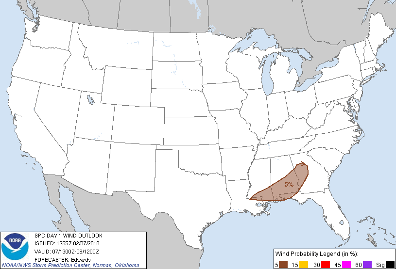 20180207 1300 UTC Day 1 Damaging Wind Probabilities Graphic