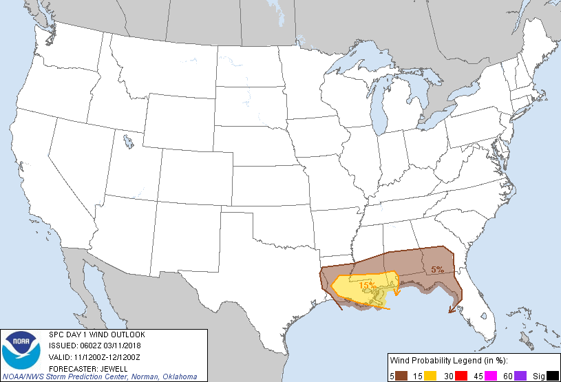 20180311 1200 UTC Day 1 Damaging Wind Probabilities Graphic