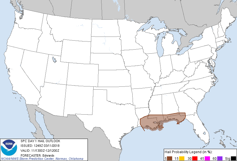 20180311 1300 UTC Day 1 Large Hail Probabilities Graphic