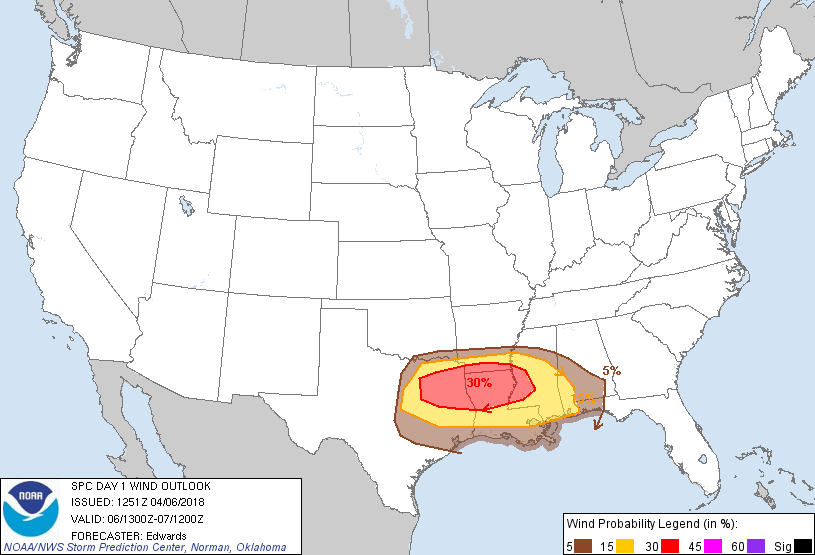 20180406 1300 UTC Day 1 Damaging Wind Probabilities Graphic