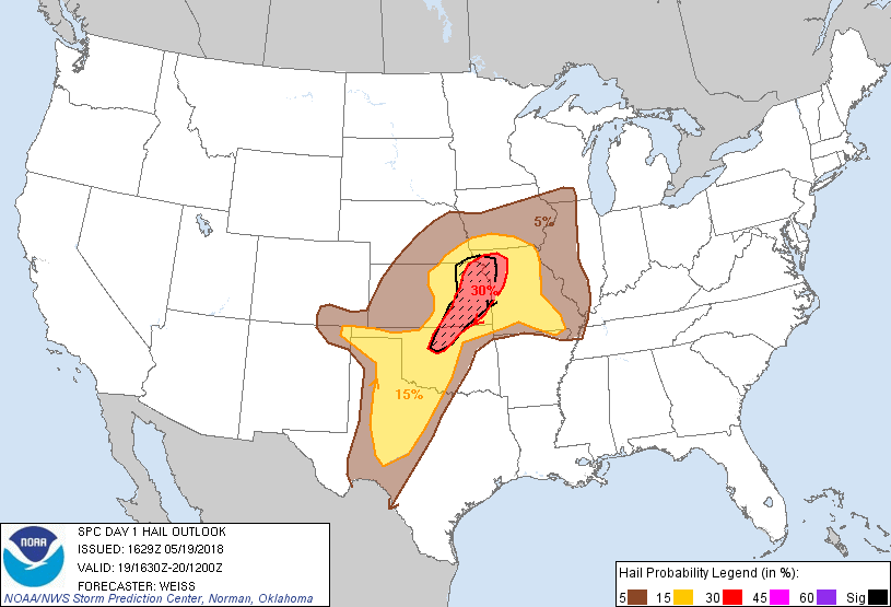 20180519 1630 UTC Day 1 Large Hail Probabilities Graphic