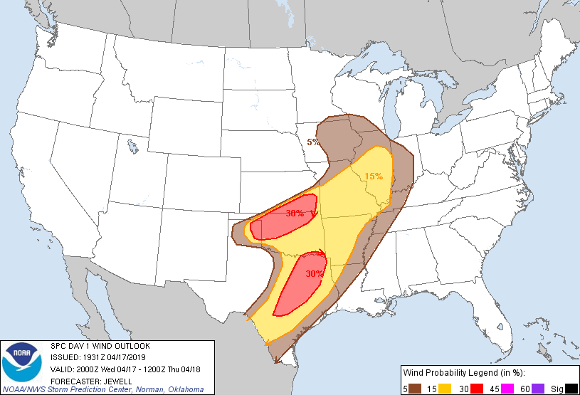 20190417 2000 UTC Day 1 Damaging Wind Probabilities Graphic