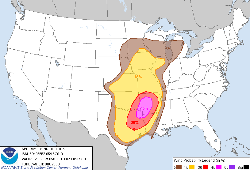 20190518 1200 UTC Day 1 Damaging Wind Probabilities Graphic