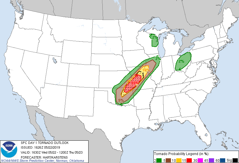 20190522 1630 UTC Day 1 Tornado Probabilities Graphic