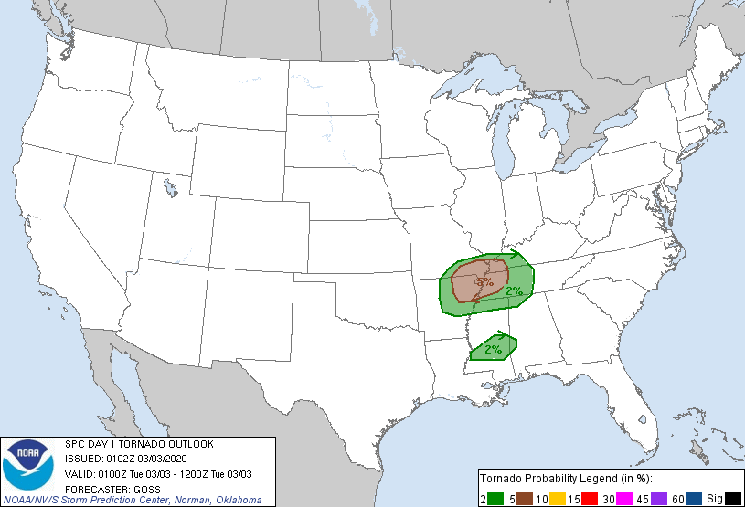 20200303 0100 UTC Day 1 Tornado Probabilities Graphic