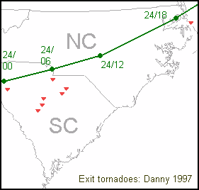 Figure 1. Path of TC Danny (July 1997) before exit, and location of ...