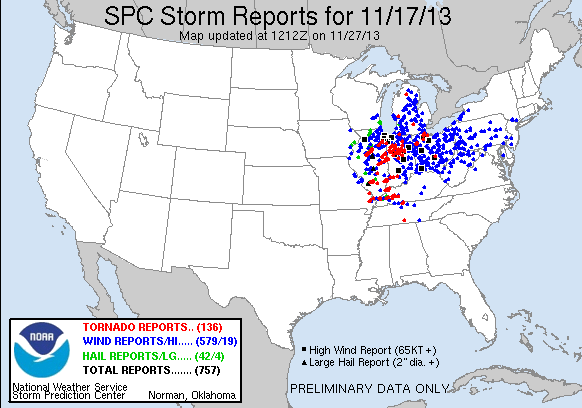 Map showing storm reports received by the National Weather Service on November 17 2013