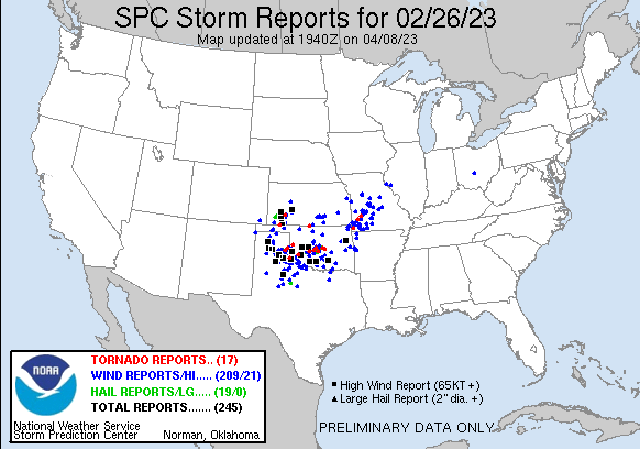 Preliminary Storm Reports for February 26-27, 2023 Compiled by the Storm Prediction Center