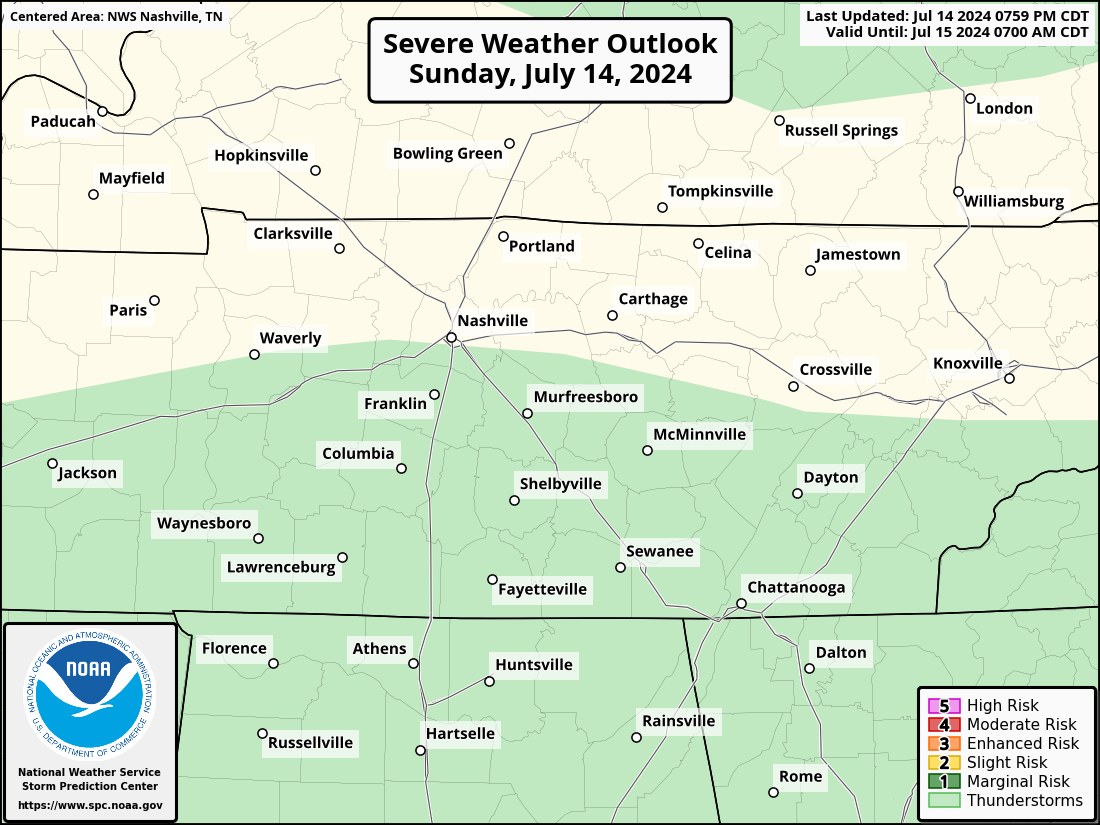 Severe Weather Outlook for Smyrna, TN and surrounding areas