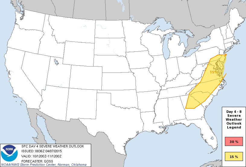 Day 4 Severe Weather Outlook Graphics Issued on Apr 7, 2015