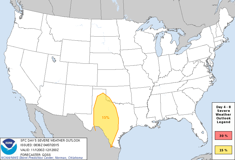 Day 5 Severe Weather Outlook Graphics Issued on Apr 7, 2015