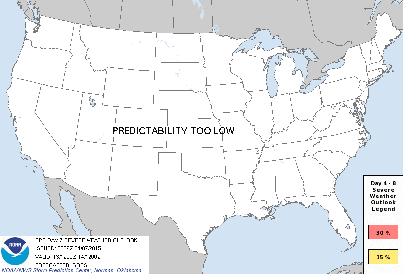 Day 7 Severe Weather Outlook Graphics Issued on Apr 7, 2015