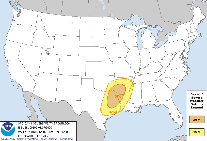 Day 4 Severe Weather Outlook Graphics Issued on Jan 7, 2020