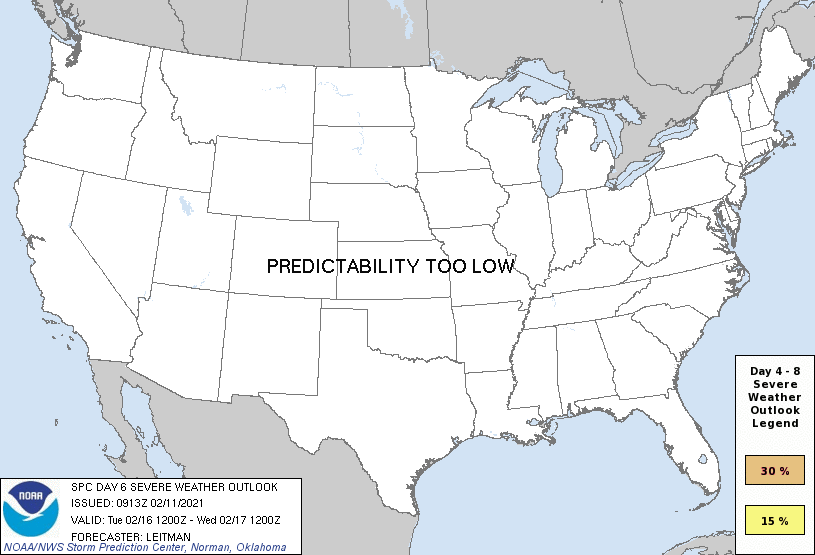 Day 6 Severe Weather Outlook Graphics Issued on Feb 11, 2021