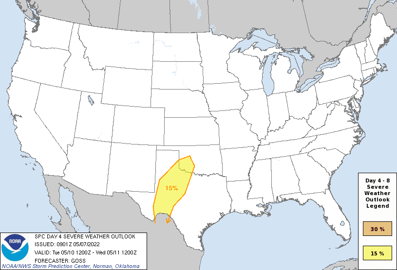 Day 4 Severe Weather Outlook Graphics Issued on May 7, 2022