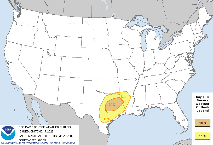 Day 5 Severe Weather Outlook Graphics Issued on Mar 17, 2022