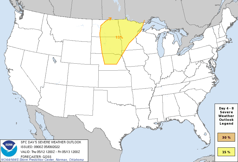 Day 5 Severe Weather Outlook Graphics Issued on May 8, 2022