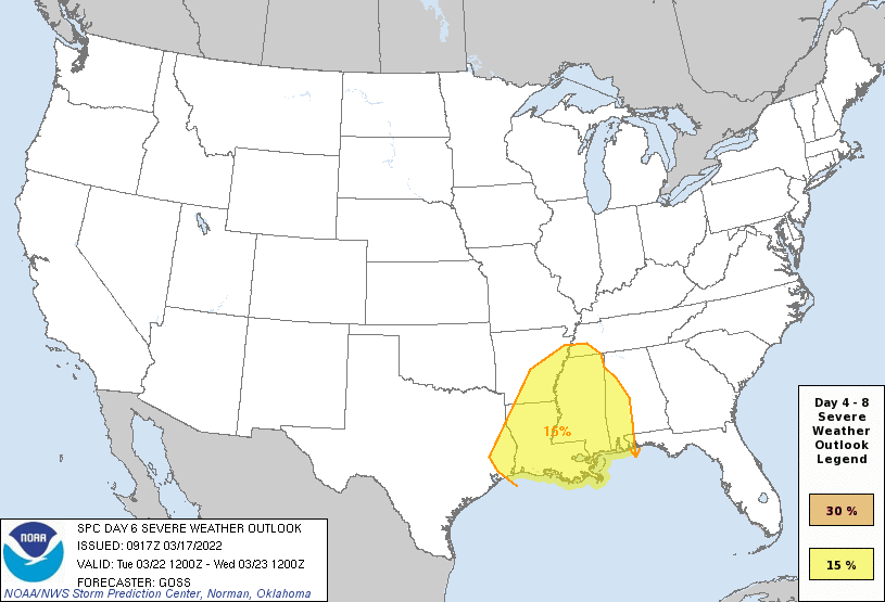 Day 6 Severe Weather Outlook Graphics Issued on Mar 17, 2022