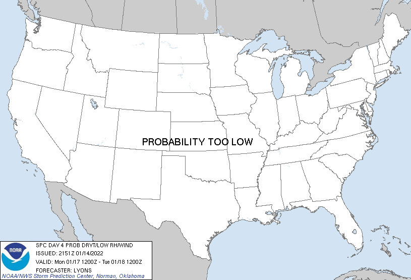Day 4 Probabilistic Dry Thunder/Strong Wind FireWX Forecast Graphic Issued on Jan 14, 2022