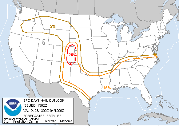 20040603 1300 UTC Day 1 Large Hail Probabilities Graphic