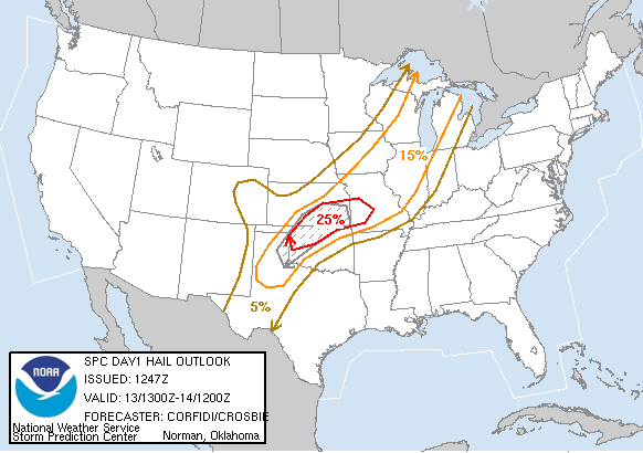 20050913 1300 UTC Day 1 Large Hail Probabilities Graphic