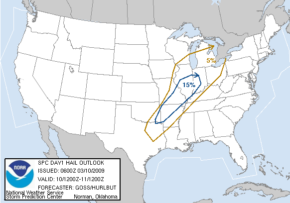 20090310 1200 UTC Day 1 Large Hail Probabilities Graphic