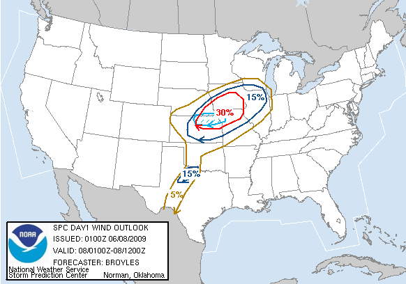 20090608 0100 UTC Day 1 Damaging Wind Probabilities Graphic