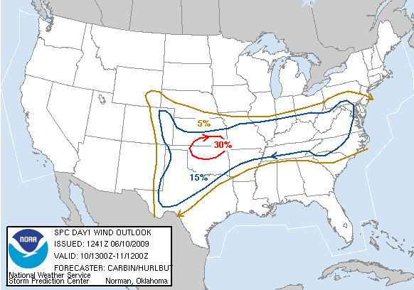 20090610 1300 UTC Day 1 Damaging Wind Probabilities Graphic