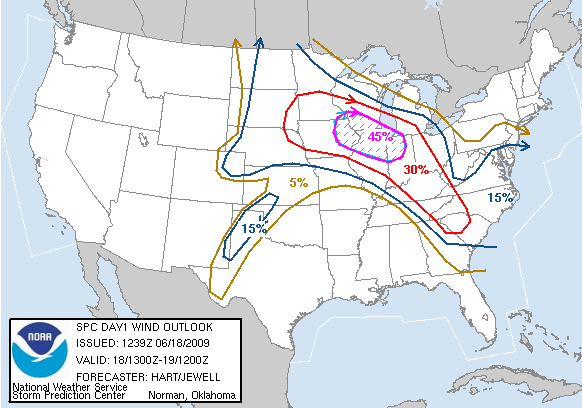 20090618 1300 UTC Day 1 Damaging Wind Probabilities Graphic