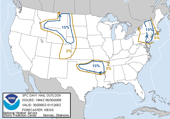 20090630 2000 UTC Day 1 Large Hail Probabilities Graphic