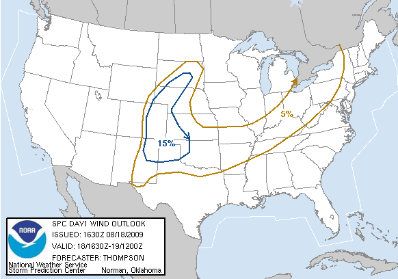 20090818 1630 UTC Day 1 Damaging Wind Probabilities Graphic