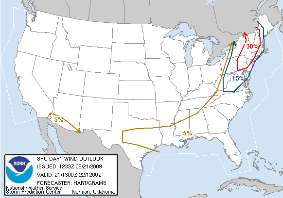 20090821 1300 UTC Day 1 Damaging Wind Probabilities Graphic