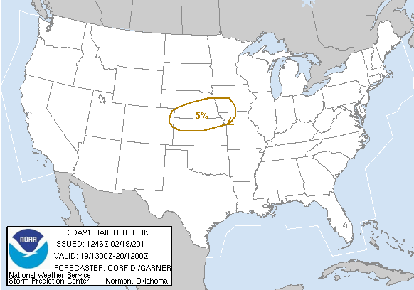 20110219 1300 UTC Day 1 Large Hail Probabilities Graphic