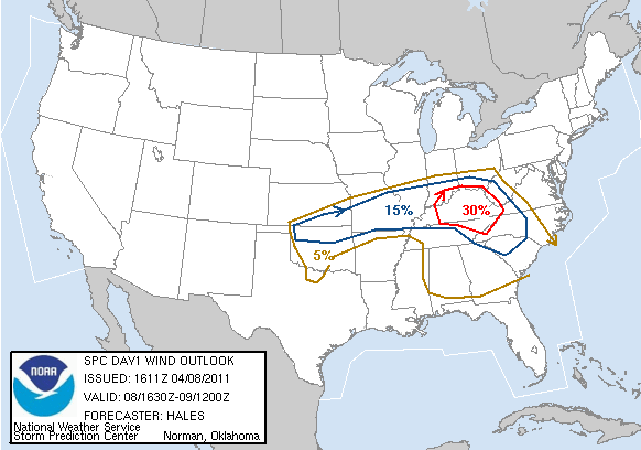 20110408 1630 UTC Day 1 Damaging Wind Probabilities Graphic