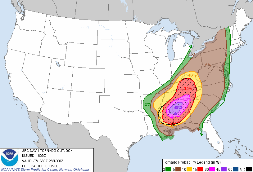 20110427 1630 UTC Day 1 Tornado Probabilities Graphic
