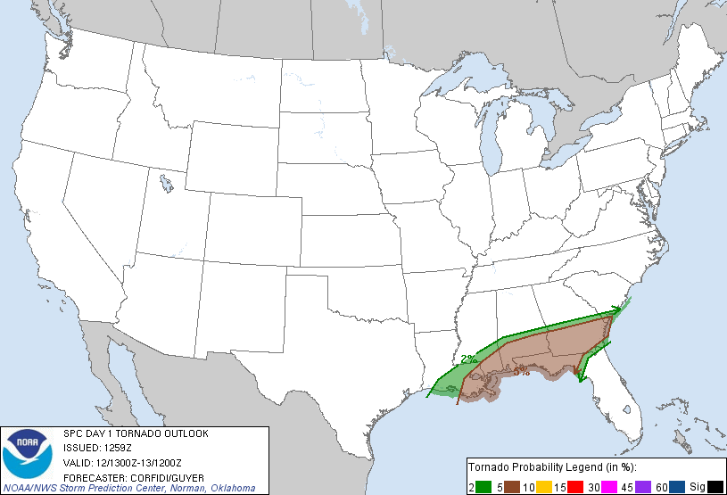 20130212 1300 UTC Day 1 Tornado Probabilities Graphic