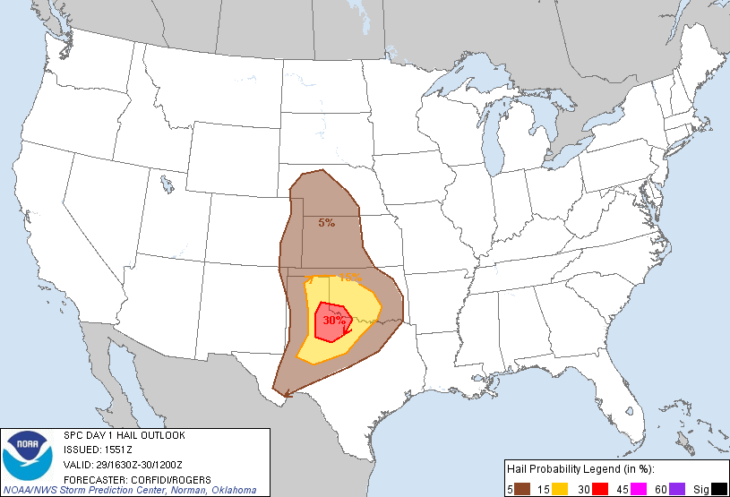 20130329 1630 UTC Day 1 Large Hail Probabilities Graphic