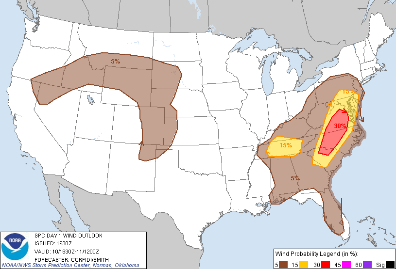 20130610 1630 UTC Day 1 Damaging Wind Probabilities Graphic