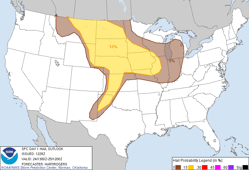 20130624 1300 UTC Day 1 Large Hail Probabilities Graphic