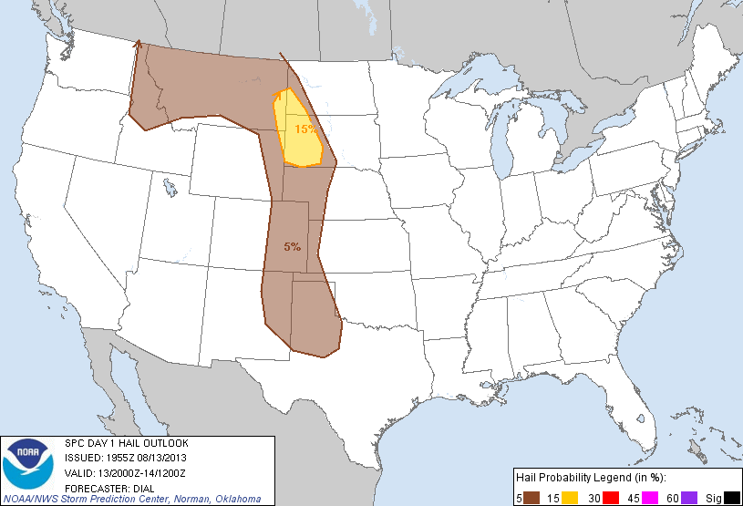 20130813 2000 UTC Day 1 Large Hail Probabilities Graphic