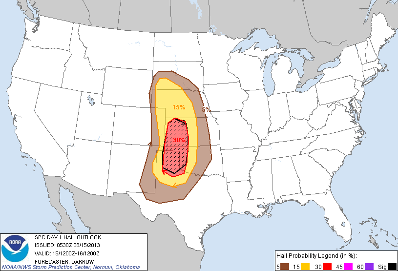 20130815 1200 UTC Day 1 Large Hail Probabilities Graphic