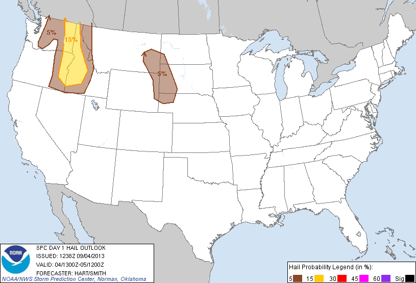 20130904 1300 UTC Day 1 Large Hail Probabilities Graphic