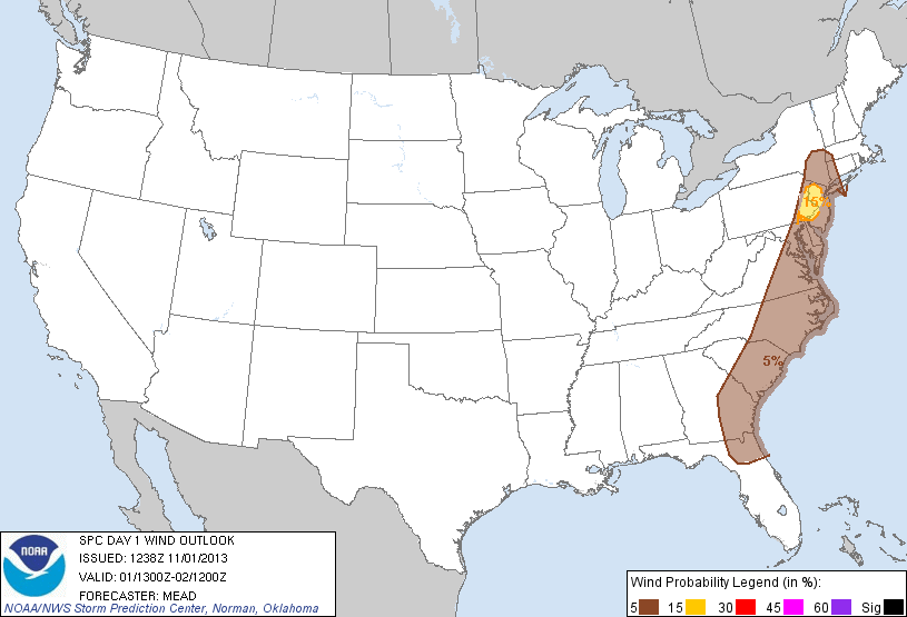 20131101 1300 UTC Day 1 Damaging Wind Probabilities Graphic