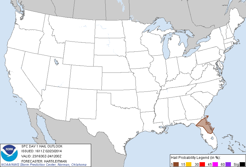 20140223 1630 UTC Day 1 Large Hail Probabilities Graphic