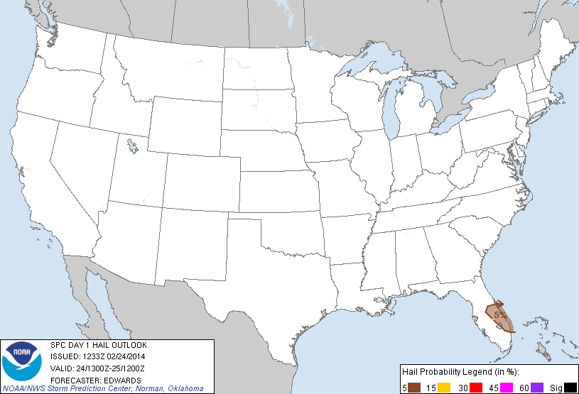 20140224 1300 UTC Day 1 Large Hail Probabilities Graphic