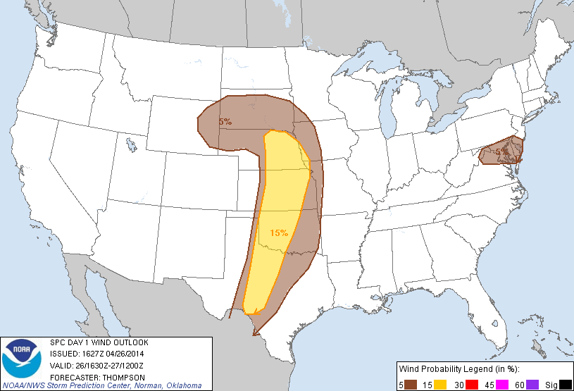 20140426 1630 UTC Day 1 Damaging Wind Probabilities Graphic