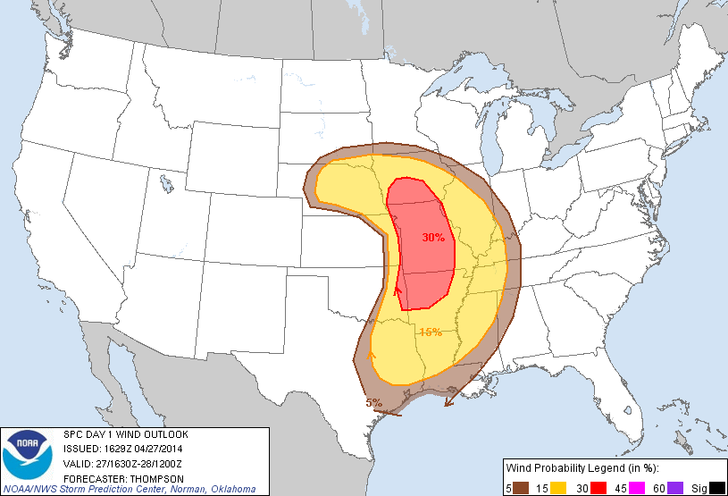 20140427 1630 UTC Day 1 Damaging Wind Probabilities Graphic