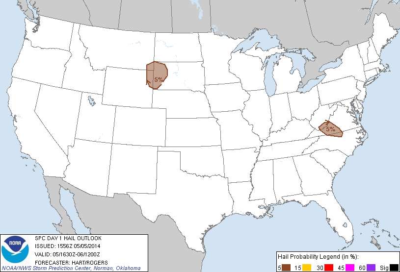 20140505 1630 UTC Day 1 Large Hail Probabilities Graphic
